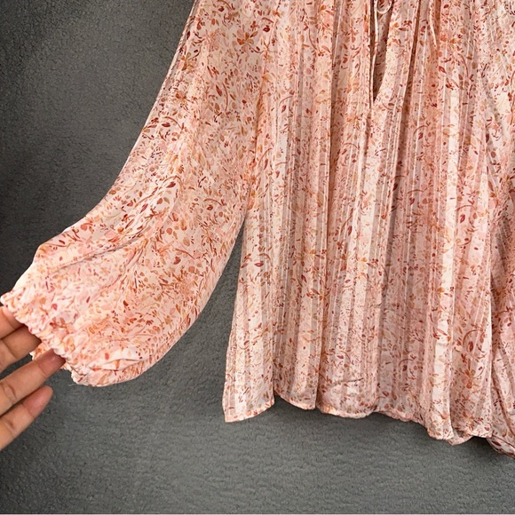 H&M Top Womens XL Pink Floral Ruffle Neck Sheer Tie Front Bishop Sleeve Blouse - Picture 5 of 9